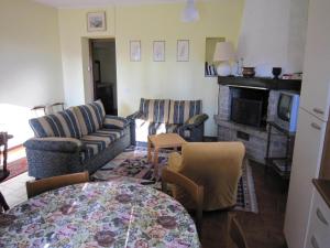 a living room with a couch and a table and a fireplace at Peaceful Farmhouse in Verbania with Garden in Verbania