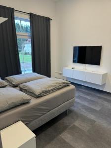 a bedroom with two beds and a flat screen tv at Traumhafte Wohnung 4 Albersbach in Reichenbach-Steegen