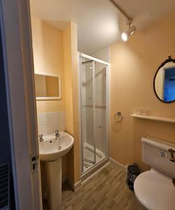 ベリック・アポン・トゥィードにあるHomesly Guest Rooms, Comfortable En-suite Guest Rooms with Free Parking and Self Check-inのシャワー、トイレ、洗面台を備えたバスルーム