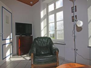 a leather chair in a living room with a television at Ferienwohnung im Gutshaus Schulenbrook in Metelsdorf