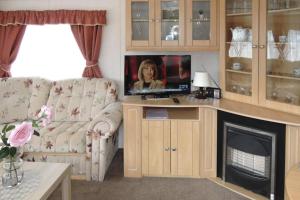 Il comprend un salon doté d'une télévision, d'un canapé et d'une cheminée. dans l'établissement Mobile home in Kolczewo with a terrace, à Kołczewo