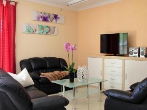 a living room with two leather chairs and a tv at Ferienhaeuser am Kummerower See in Verchen in Verchen