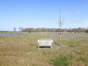 Una silla blanca en un campo junto a un árbol. en Beautiful holiday home with terrace, en Wissenkerke