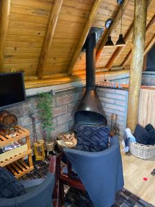 a living room with a fireplace in a house at Monkey House in Nova Petrópolis