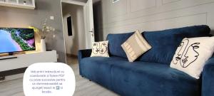 a blue couch with pillows on it in a living room at Vicky's Boulevard Nest in Alba Iulia +122 photos