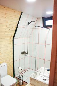 a bathroom with a shower and a toilet at SUN & MOON Cottage Dreamy cabin next to forest in Oni +19 photos