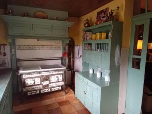 eine Küche mit grünen Schränken und einem Herd in der Unterkunft Tranquil Garden Hideaway in Puy-lʼÉvêque