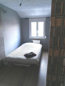 Bett in einem Zimmer mit Fenster und Büchern in der Unterkunft maison avec patio in Grand-Fort-Philippe