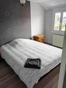 ein Schlafzimmer mit einem Bett mit einer schwarzen und weißen Decke in der Unterkunft maison avec patio in Grand-Fort-Philippe