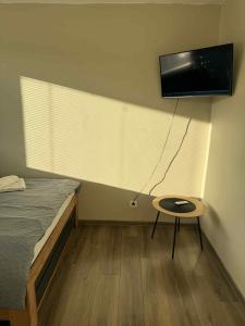 une chambre avec un lit, une table et une télévision dans l'établissement Apartments Mėguvos, à Palanga