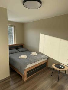 une chambre avec un lit et une table dans l'établissement Apartments Mėguvos, à Palanga