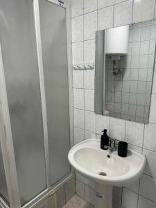 une salle de bain avec lavabo et douche dans l'établissement Apartments Mėguvos, à Palanga