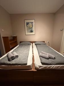 two beds in a bedroom with towels on them at Heera Apartmans in Hajdúszoboszló