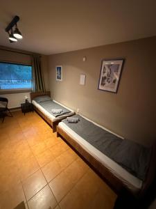 a bedroom with two beds and a window at Heera Apartmans in Hajdúszoboszló