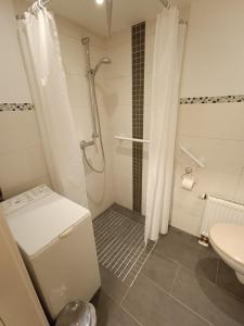 a bathroom with a shower and a toilet and a sink at Ferienunterkunft Barsinghausen in Barsinghausen