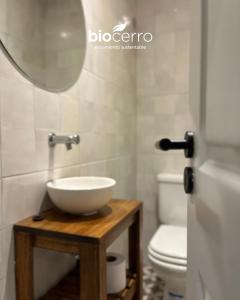 a bathroom with a sink and a toilet at Hotel BIOCERRO in Tandil