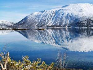 einen schneebedeckten Berg, der in einem Wasserkörper reflektiert in der Unterkunft 11 person holiday home in Gullesfjord in Flesnes