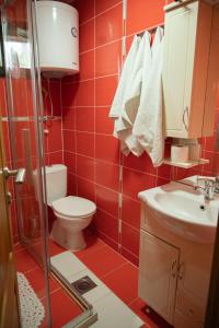 a red bathroom with a toilet and a sink at Škrka cotege - center of Zabljak in Žabljak +27 photos