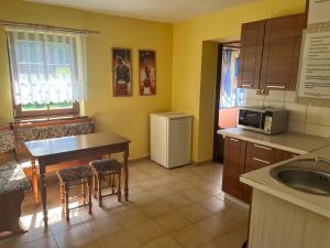 a kitchen with a table and a refrigerator at Penzion a restaurace Balaton in Šluknov