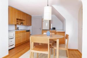 a kitchen with a table and chairs in a room at Zentraler Charme im historischen Dachgeschoss in Bregenz