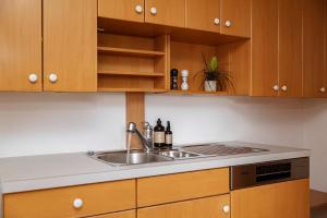 a kitchen with wooden cabinets and a sink at Zentraler Charme im historischen Dachgeschoss in Bregenz +8 photos