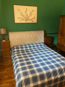 Un dormitorio con una cama con una manta de cuadros azul y blanco en Franciacorta Country Room, en Corte Franca
