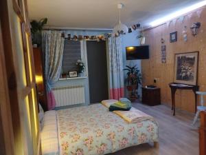 a small bedroom with a bed and a television at Retro apartament Lukas in Ostrowsko