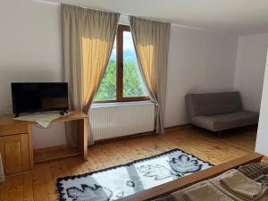 a living room with a television and a window at Anahouse in Vişeu de Sus