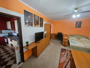 a room with a bedroom with a bed and a desk at WOLF APARTMAN Luxusné ubytovanie s plnou výbavou s Bezplatným parkovaním SMART TV a Optickým Internetom Priamo v Považskej Bystrici Tichá lokalita s Všade blízko Vhodné pre Jednotlivcov Rodiny Pracovné cesty Turistiku aj Oddych Plne vybavená Kuchyňa in Považská Bystrica