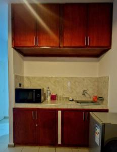 eine Küche mit Holzschränken und einer Mikrowelle in der Unterkunft Parisien Studio in Rabat
