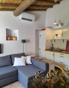 a living room with a blue couch and a kitchen at Olive -Casa da Boavista in Alegrete