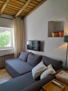 a living room with a blue couch and a window at Olive -Casa da Boavista in Alegrete