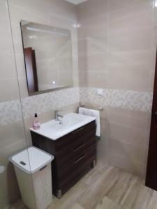 um banheiro com uma pia, um vaso sanitário e um espelho em Apartamento Madalena em Carvoeiro