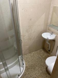 a bathroom with a shower and a toilet and a sink at Valença RoofTop by Beeflats BnB in Valença