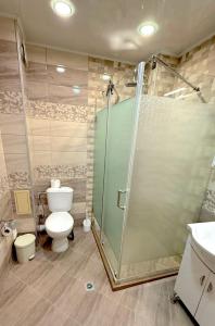 une salle de bains avec toilettes et douche en verre dans l'établissement Уютен двустаен Гранд мол, à Varna