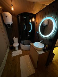 a bathroom with a toilet and a sink and a mirror at Hutsul Glamp Панорамний вид Джакузі Best Sunset in Mykulychyn