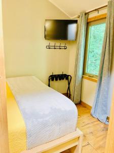 a bedroom with a bed and a television on the wall at Jai Hollow Tiny Home Cottage in Robbinsville
