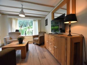 a living room with a flat screen tv and a couch at Chalet in Veluwe near Sauna Drôme in Putten +25 photos