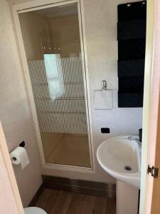 a bathroom with a shower and a sink at Mobilheim 16 a 17 - Výrovická přehrada Výr in Výrovice +33 photos
