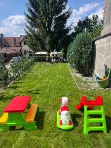a yard with childrens toys on the grass at Cetățuia - Ultra Central Râșnov Stay & Parking free in Râşnov