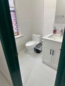 a bathroom with a toilet and a sink and a window at 586 Hotel in Toronto