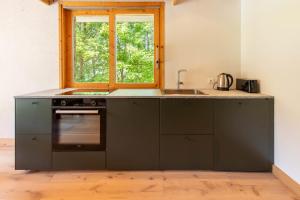 een keuken met een spoelbak en een raam bij Fauvettes 2 in Chandon