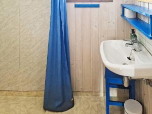 a bathroom with a sink and a blue shower curtain at 6 person holiday home in Nordli-By Traum in Holand +7 photos