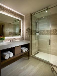 a bathroom with a shower and a sink at Seminole Brighton Bay Hotel & Casino in Okeechobee