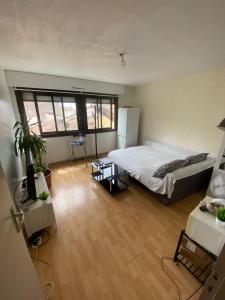 a bedroom with a large bed and a large window at QuickHosting Bordeaux Centre in Bordeaux