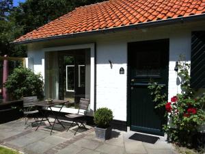 a house with a green door and a table and chairs at Beautiful holiday home Zeeroos in Zeeland in Dishoek