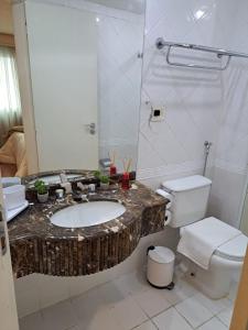 a bathroom with a sink and a toilet at Conforto Flat Hotel Vila Olimpia in São Paulo