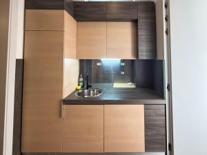 a kitchen with wooden cabinets and a sink at City Center Apartment in Belgrade