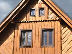 three windows on the side of a wooden house at Spacious Group Retreat in Dlouhý