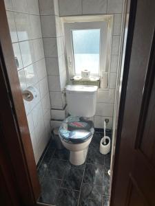 a small bathroom with a toilet and a window at Family Flair in Zeltweg